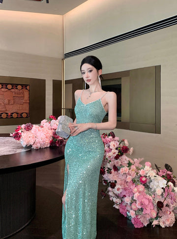Green Sequin High-Slit Evening Dress ¨C Elegant Party & Formal Gown